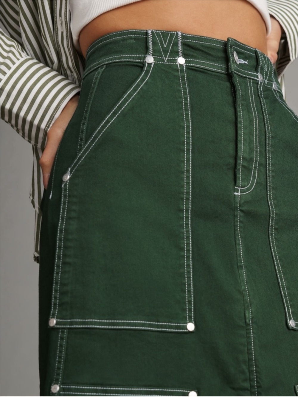 Anthr Pilcro Forest Green Carpenter Skirt Front Slit and Contrast Stitching - Picture 6 of 15